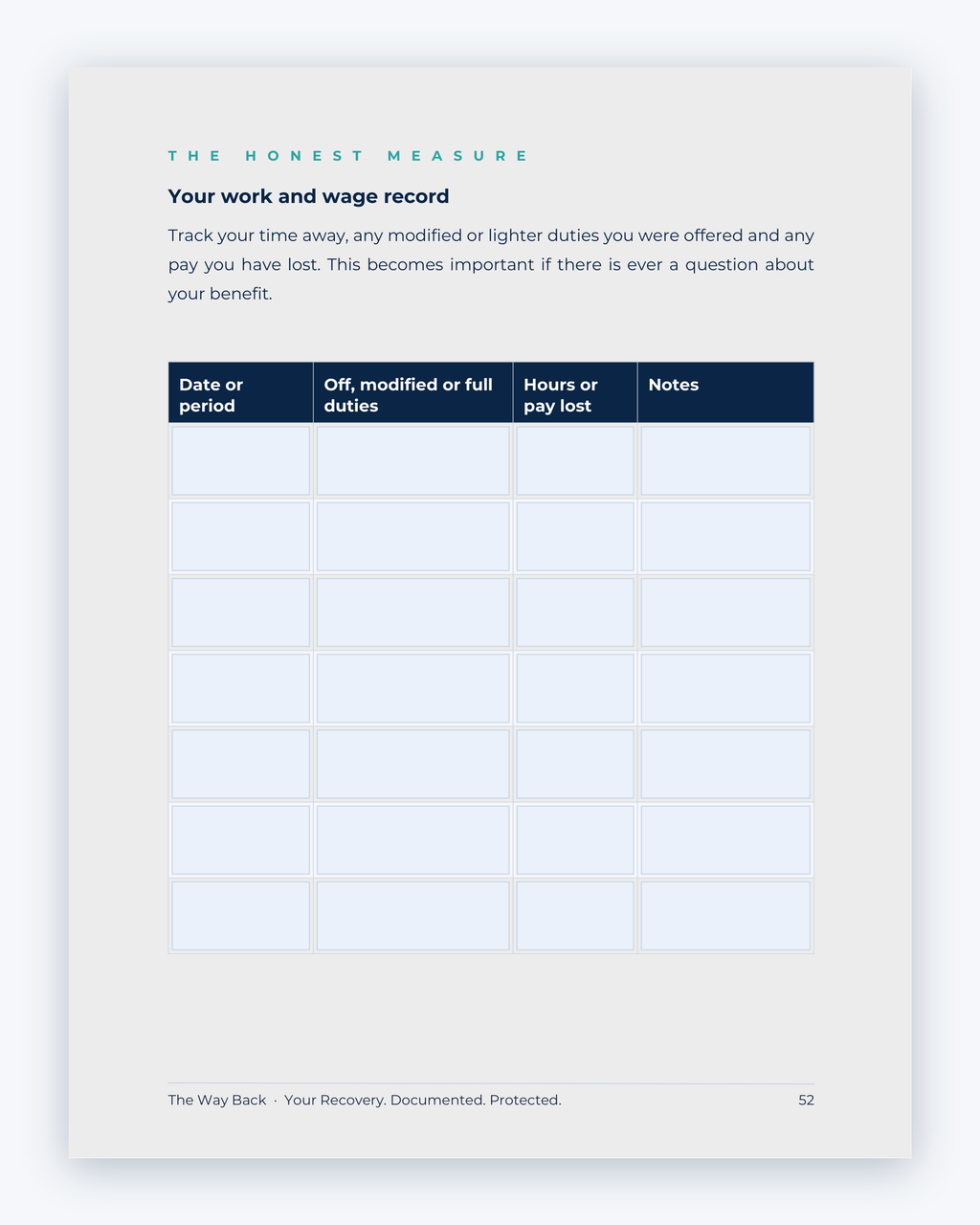 Inside the Manitoba Workplace Injury Companion Guide by Hurt Square: Your Work and Wage Record, a fillable page for keeping your own record.
