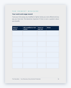 Inside the Manitoba Workplace Injury Companion Guide by Hurt Square: Your Work and Wage Record, a fillable page for keeping your own record.