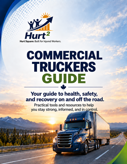 Cover of the National Commercial Truckers Guide by Hurt Square, a fillable recovery guide for Canadian commercial drivers hurt in a crash or on the job.