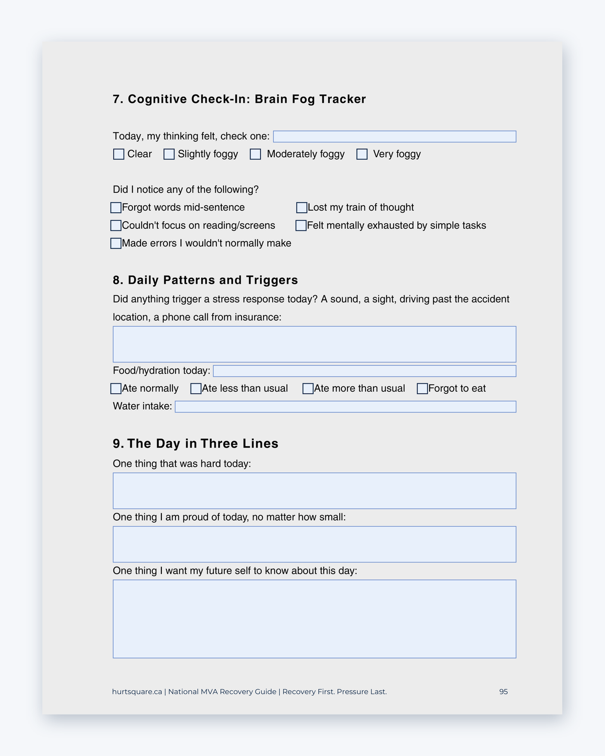 Inside the National MVA Recovery Guide by Hurt Square: the Brain Fog Tracker, a daily cognitive check-in with patterns and triggers.