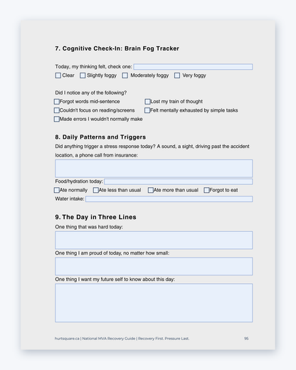 Inside the National MVA Recovery Guide by Hurt Square: the Brain Fog Tracker, a daily cognitive check-in with patterns and triggers.