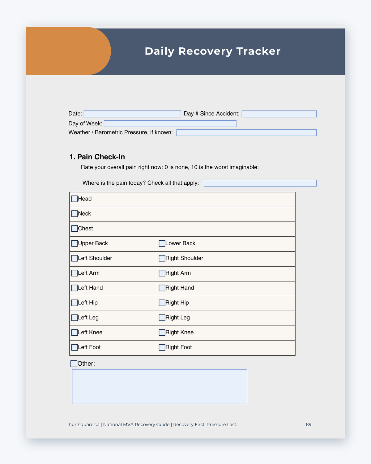 Inside the National MVA Recovery Guide by Hurt Square: the Daily Recovery Tracker, with a pain check-in for every part of the body.