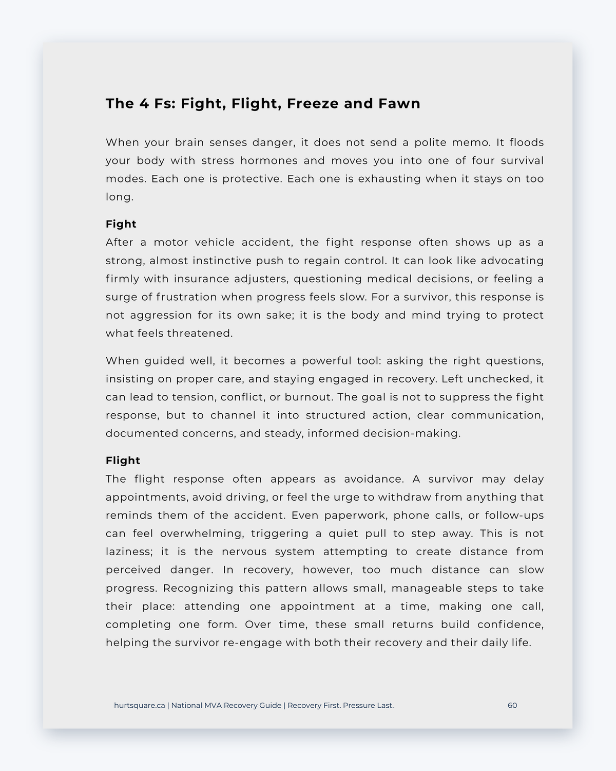Inside the National MVA Recovery Guide by Hurt Square: The 4 Fs, how fight, flight, freeze and fawn can show up after a crash.