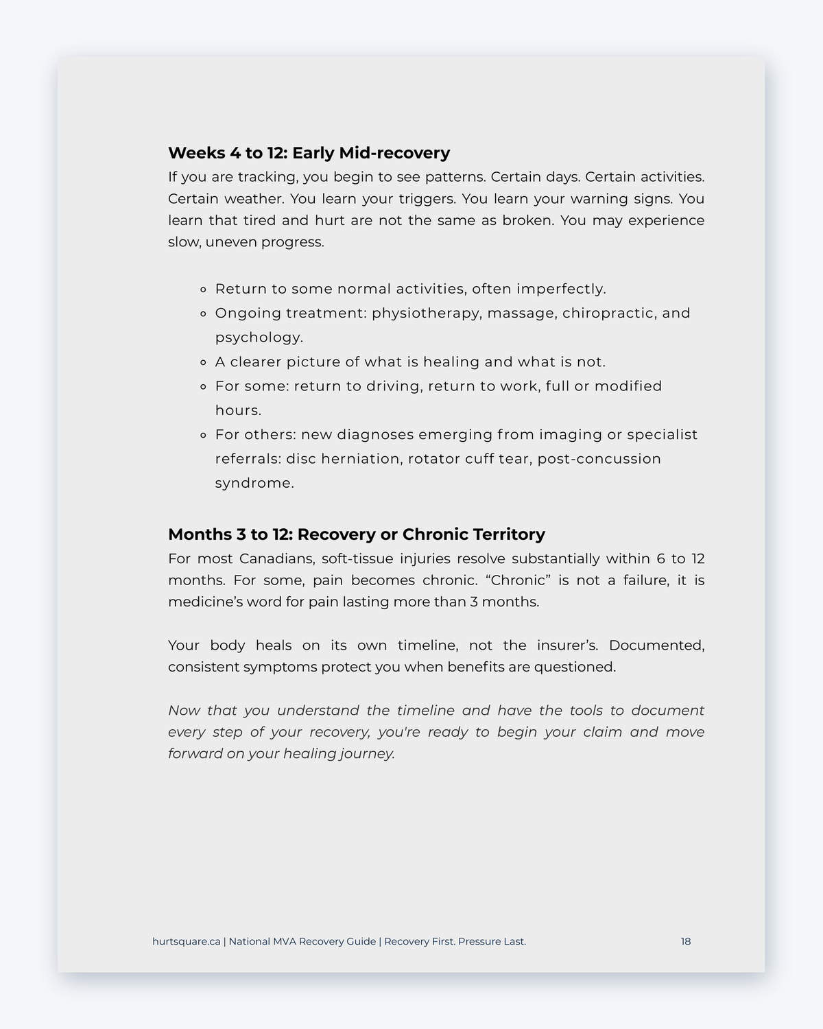Inside the National MVA Recovery Guide by Hurt Square: Weeks 4 to 12 and Months 3 to 12, how recovery unfolds on your body's own timeline.