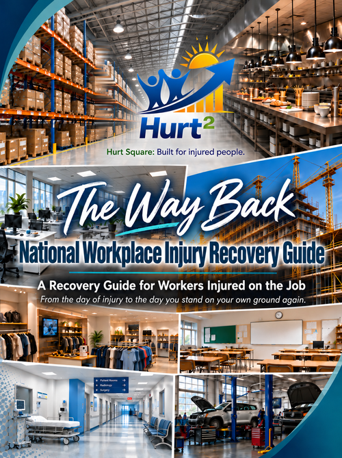 Cover of the National Workplace Injury Recovery Guide by Hurt Square, a fillable Canadian workplace injury claim and recovery guide for use in any province.