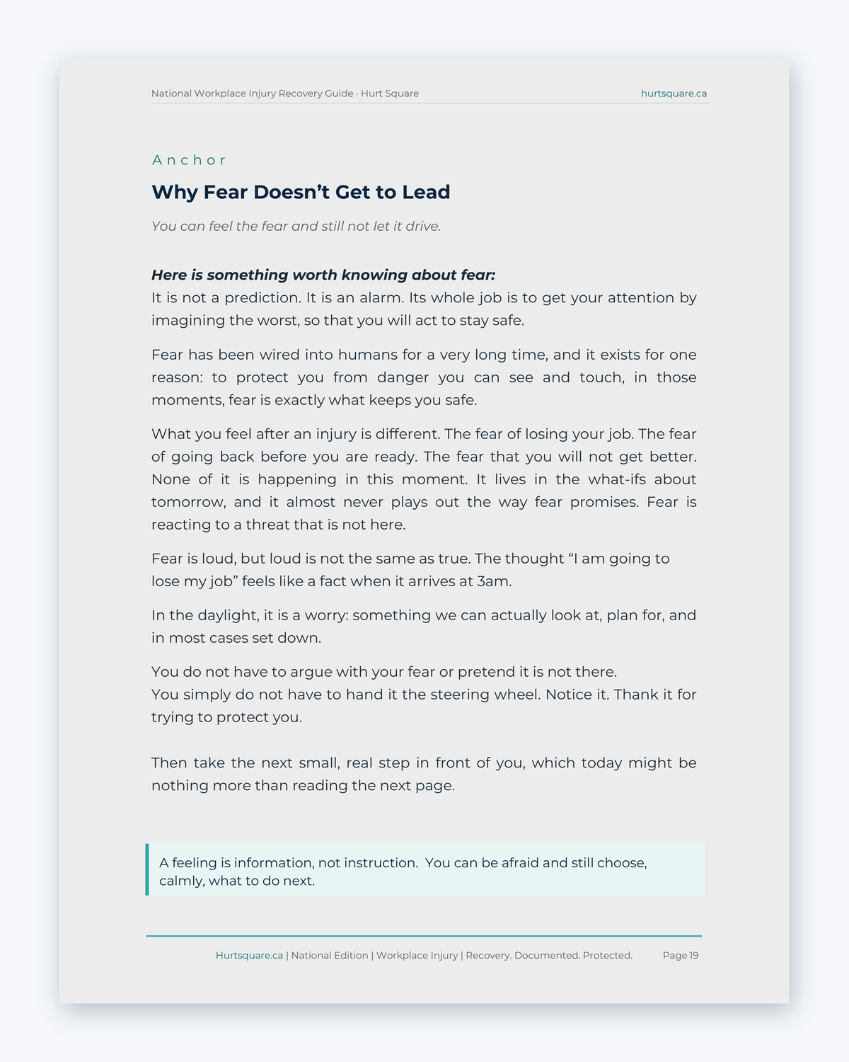 Inside the National Workplace Injury Recovery Guide by Hurt Square: Why Fear Doesn't Get to Lead, for the worries that come after an injury.