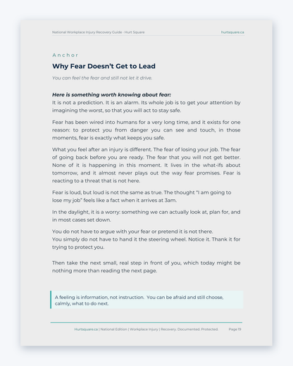 Inside the National Workplace Injury Recovery Guide by Hurt Square: Why Fear Doesn't Get to Lead, for the worries that come after an injury.