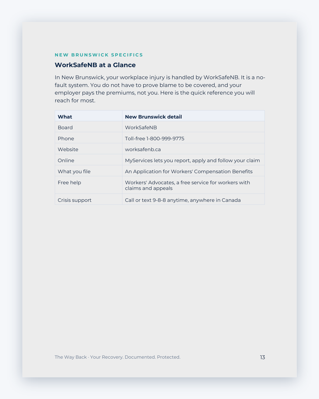 Inside the New Brunswick Workplace Injury Companion Guide by Hurt Square: WorkSafeNB at a Glance, a one-page overview of how the system works.