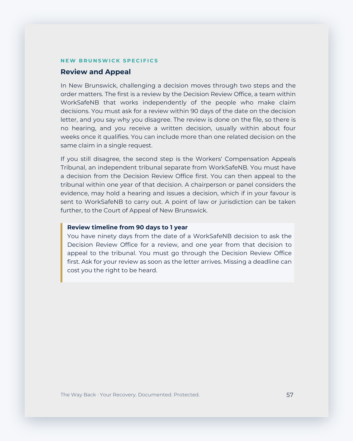 Inside the New Brunswick Workplace Injury Companion Guide by Hurt Square: Review and Appeal, how to ask for a review when you disagree with a decision.