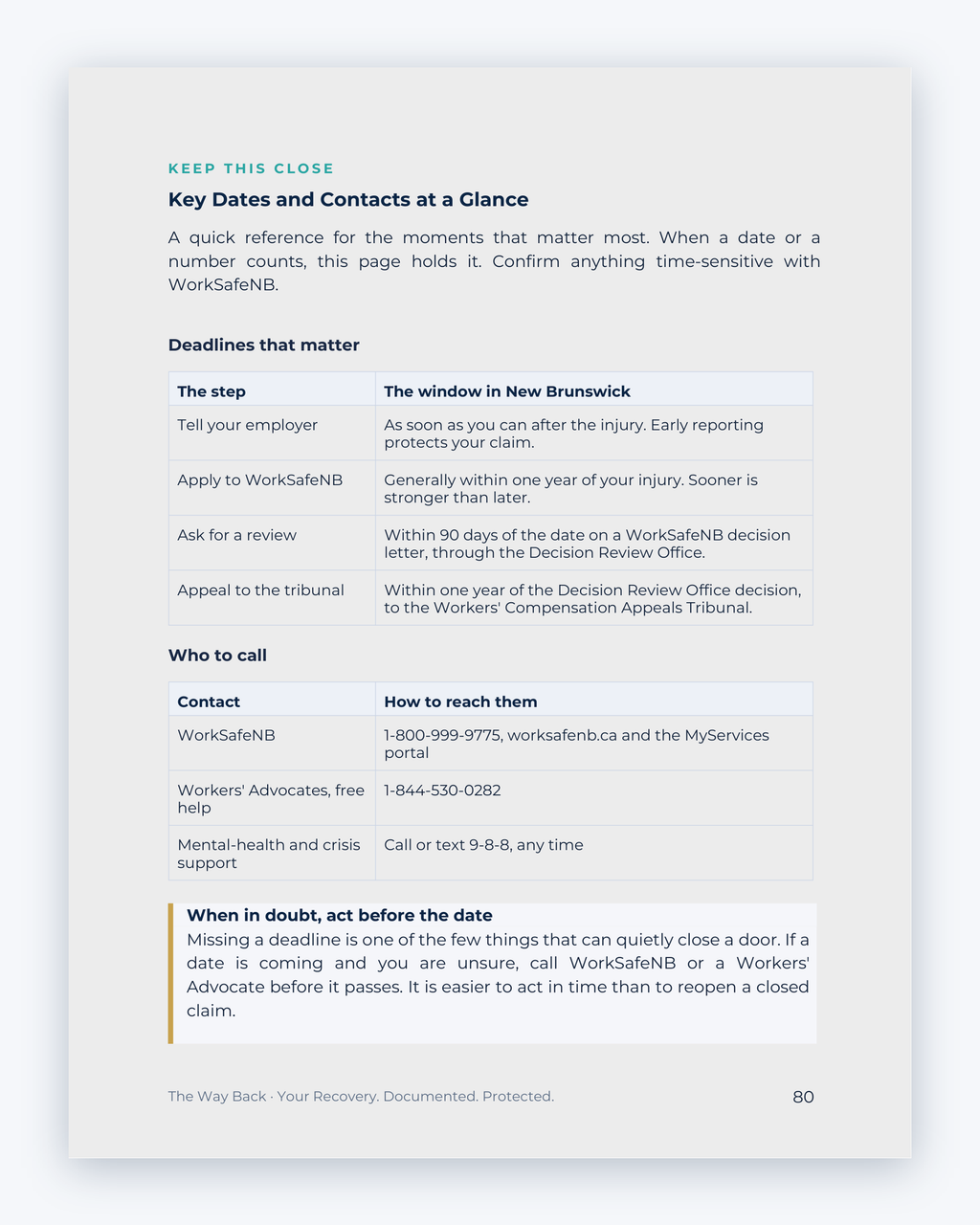 Inside the New Brunswick Workplace Injury Companion Guide by Hurt Square: Key Dates and Contacts at a Glance, the dates and deadlines to keep track of.