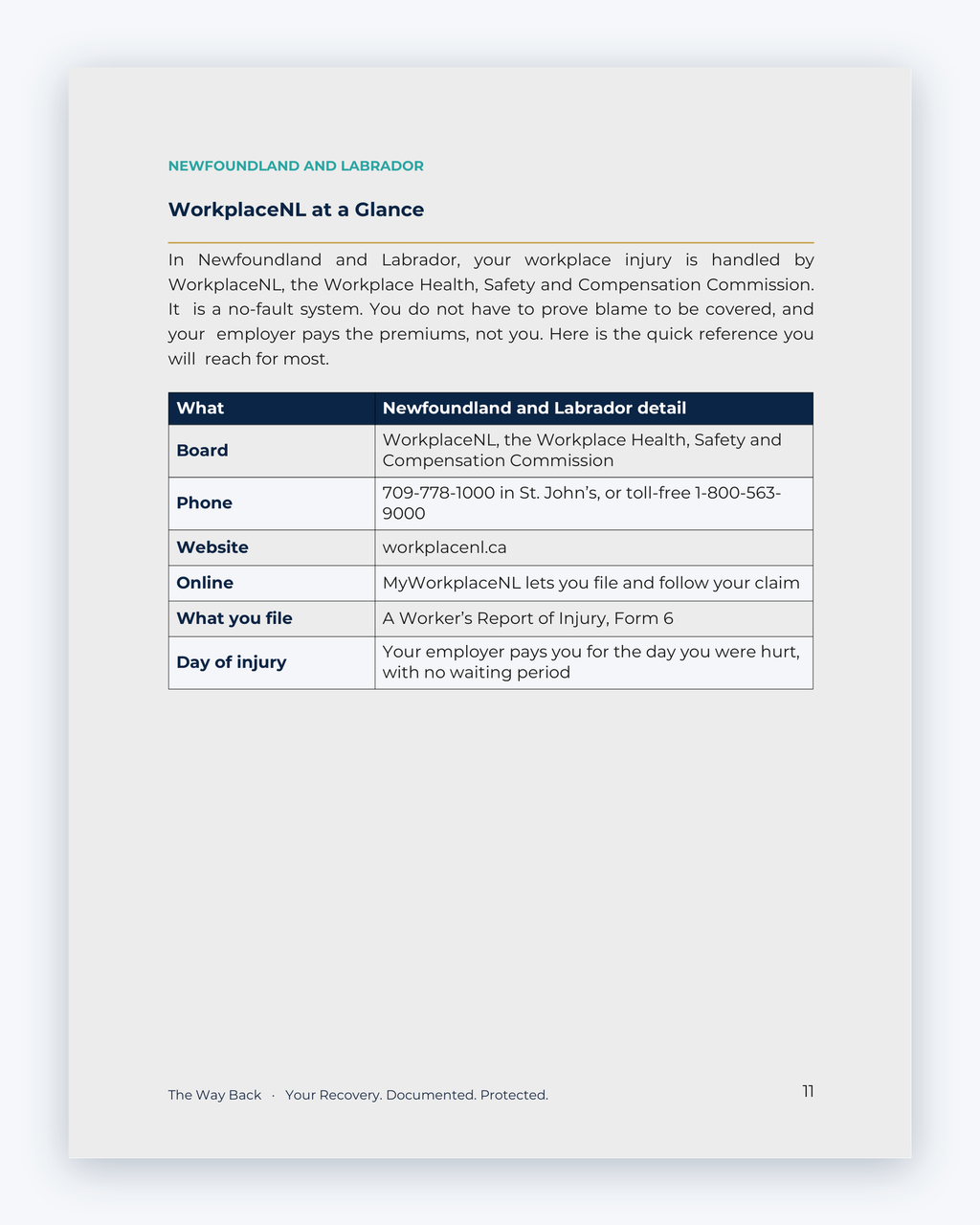 Inside the Newfoundland and Labrador Workplace Injury Companion Guide by Hurt Square: WorkplaceNL at a Glance, a one-page overview of how the system works.