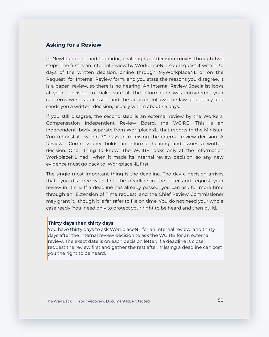 Inside the Newfoundland and Labrador Workplace Injury Companion Guide by Hurt Square: Asking for a Review, how to ask for a review when you disagree with a decision.