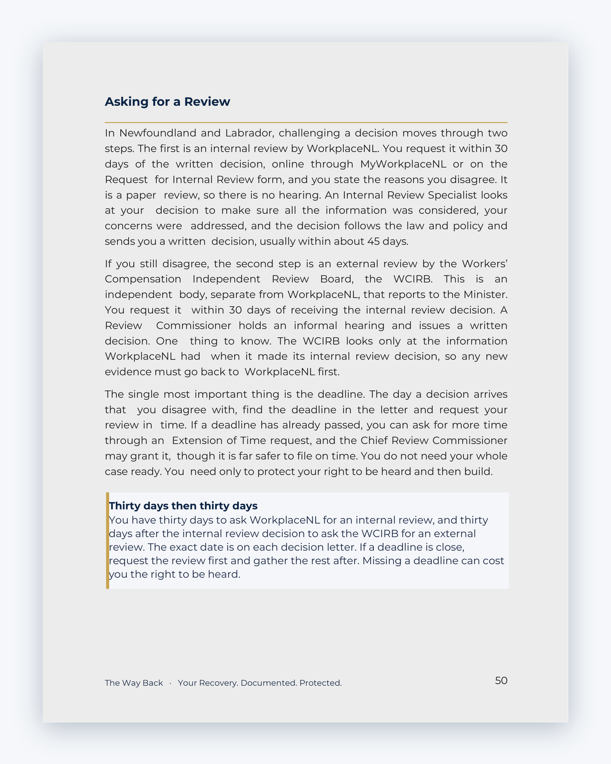 Inside the Newfoundland and Labrador Workplace Injury Companion Guide by Hurt Square: Asking for a Review, how to ask for a review when you disagree with a decision.