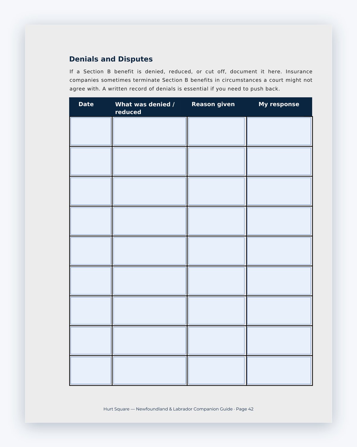 Inside the Newfoundland and Labrador MVA Companion Guide by Hurt Square: Denials and Disputes, how to ask for a review when you disagree with a decision.