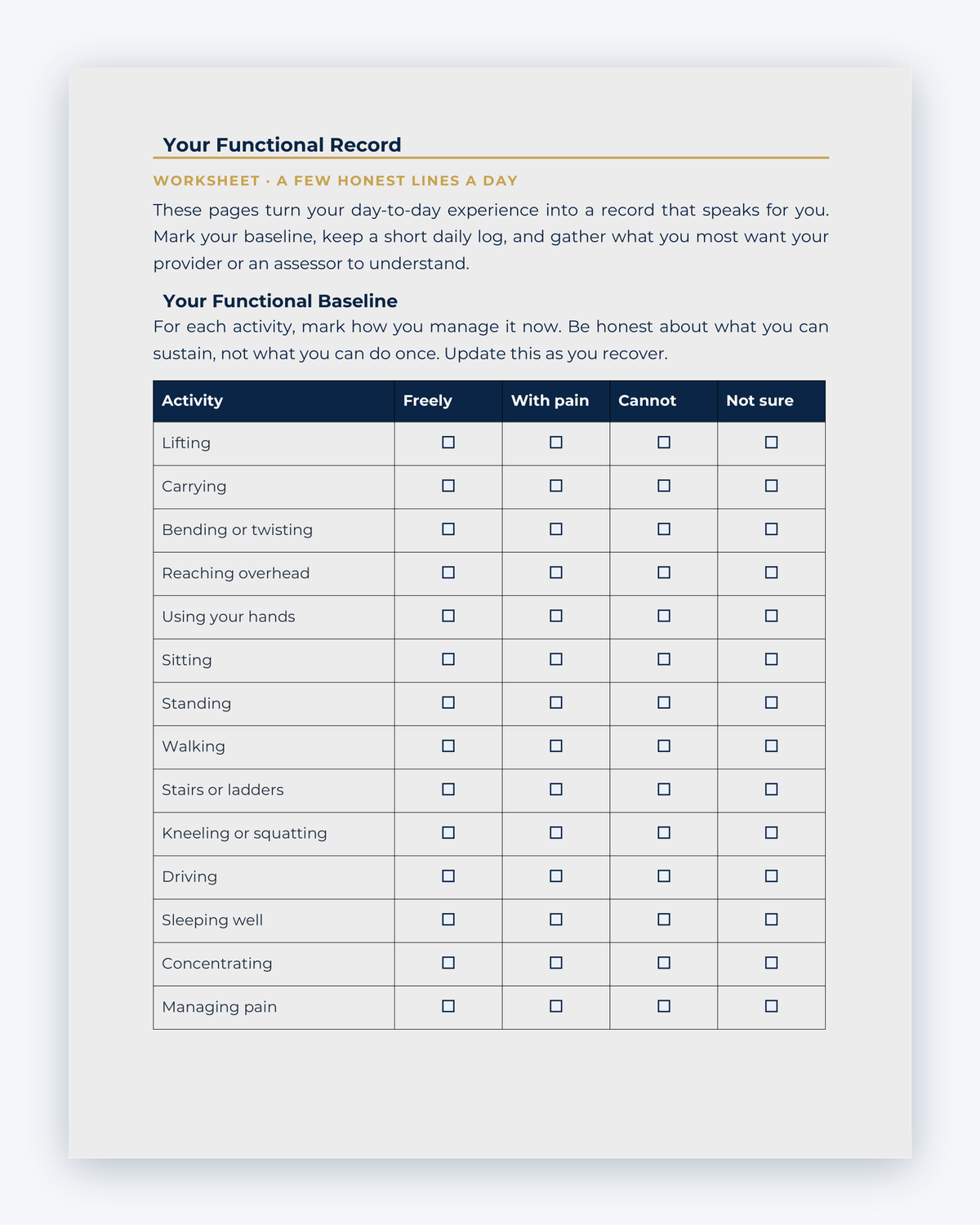 Inside the Northwest Territories Workplace Injury Companion Guide by Hurt Square: Your Functional Record, a fillable page for keeping your own record.