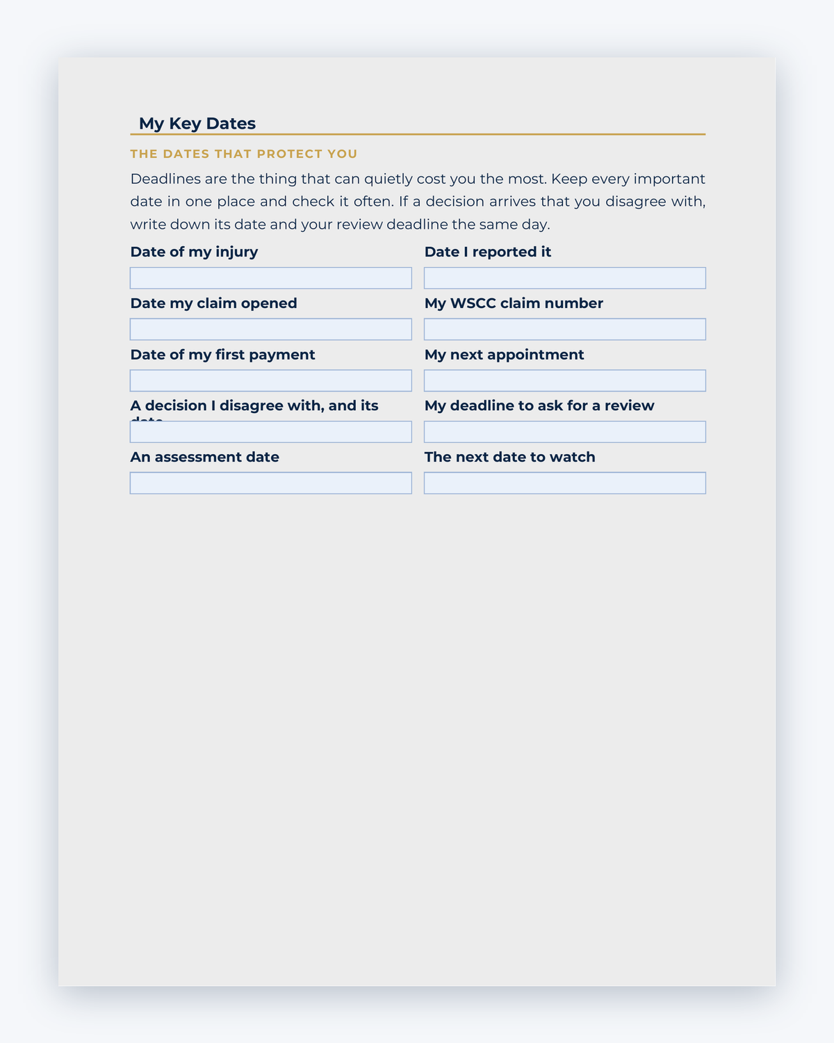 Inside the Northwest Territories Workplace Injury Companion Guide by Hurt Square: My Key Dates, the dates and deadlines to keep track of.
