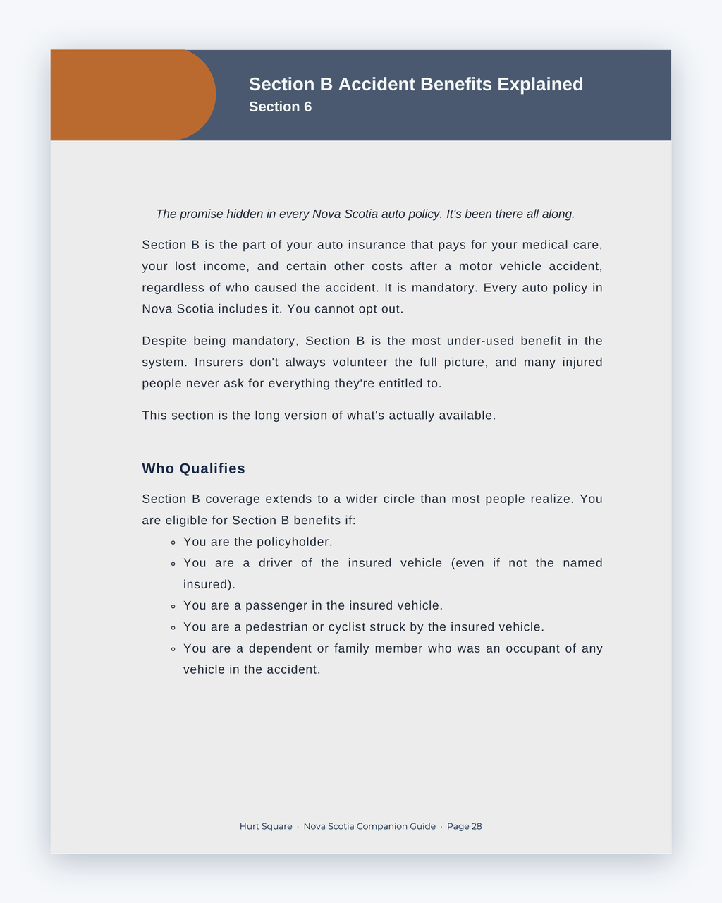 Inside the Nova Scotia MVA Companion Guide by Hurt Square: Section B Accident Benefits Explained, a plain-language guide to the benefits you may claim.