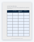 Inside the Nova Scotia MVA Companion Guide by Hurt Square: Lost Work Days, Shifts and Hours, a fillable page for keeping your own record.