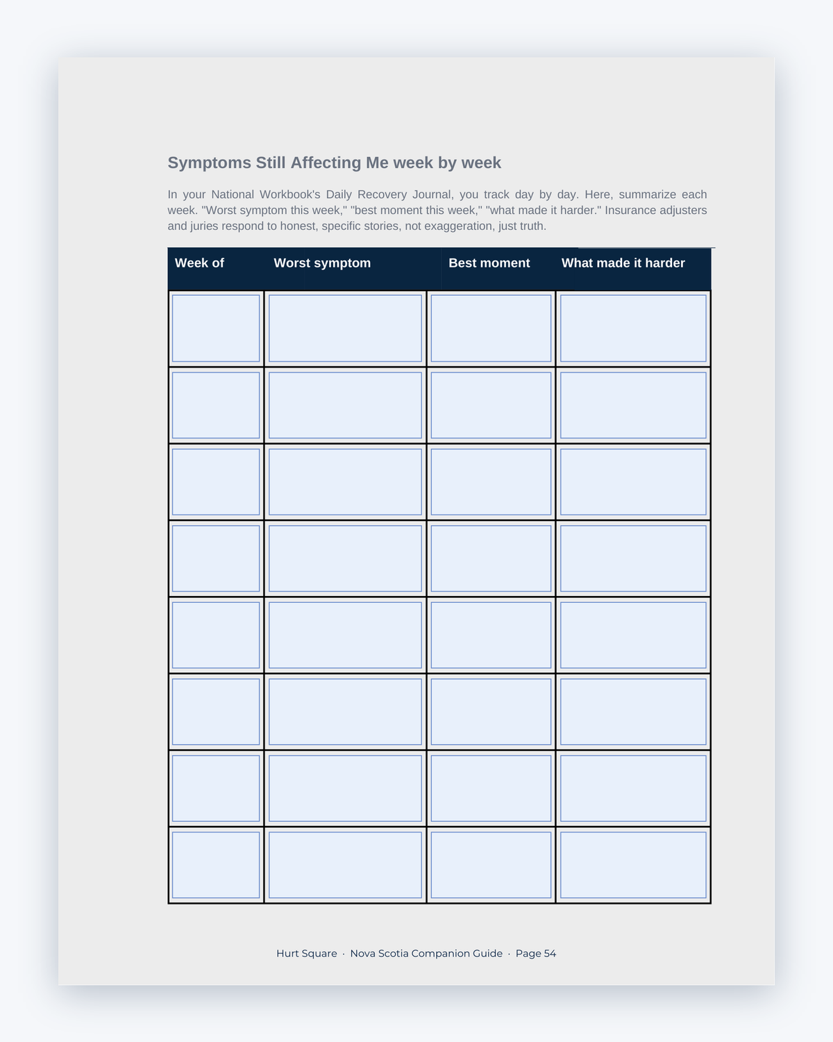 Inside the Nova Scotia MVA Companion Guide by Hurt Square: Symptoms Still Affecting Me, Week by Week, a fillable page for keeping your own record.
