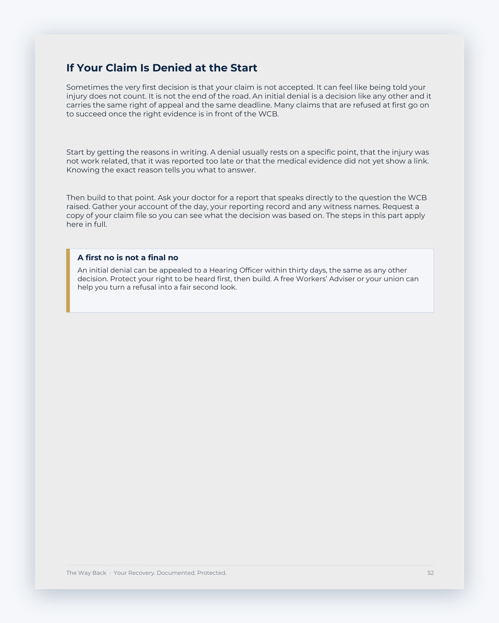 Inside the Nova Scotia Workplace Injury Companion Guide by Hurt Square: If Your Claim Is Denied at the Start, how to ask for a review when you disagree with a decision.