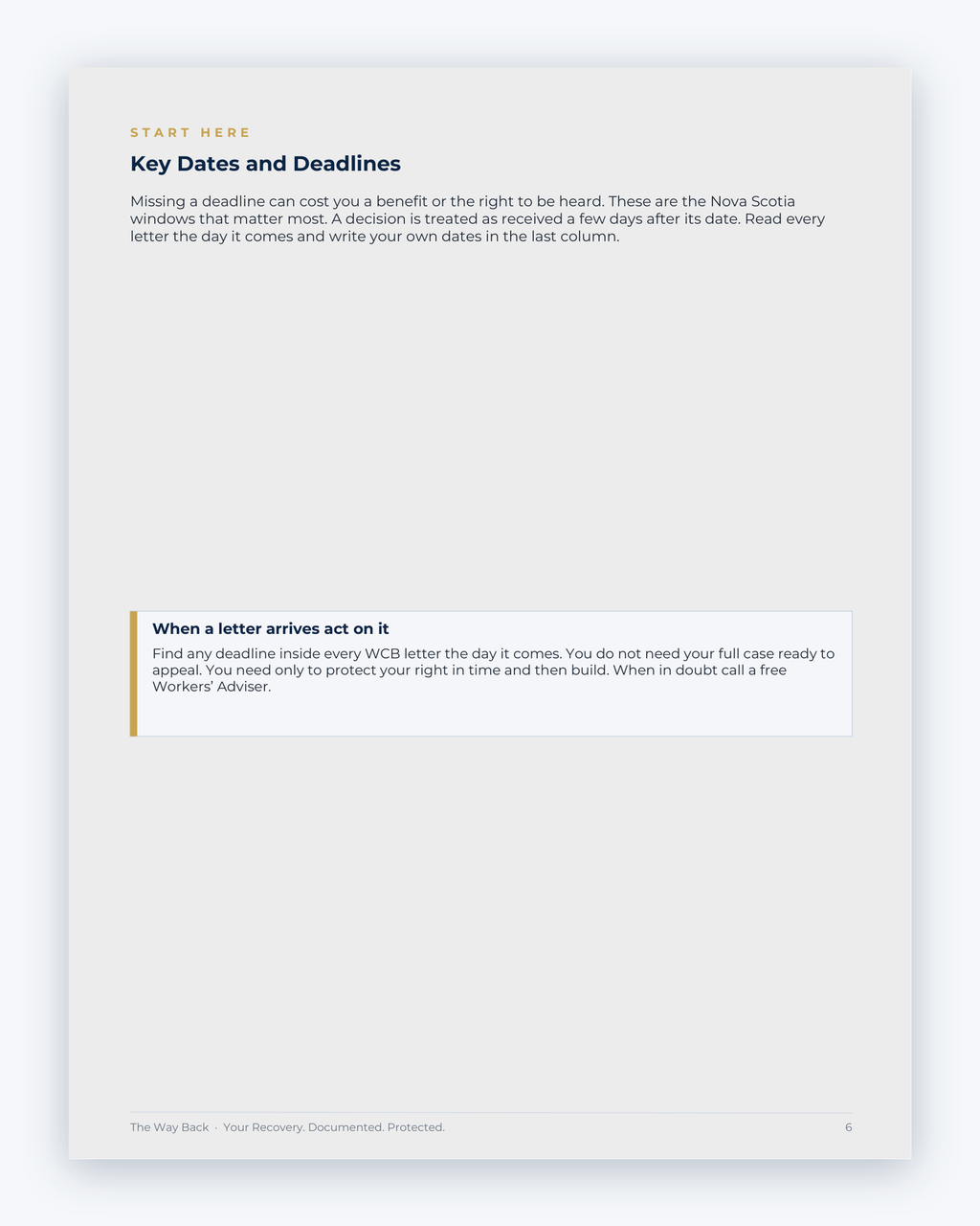 Inside the Nova Scotia Workplace Injury Companion Guide by Hurt Square: Key Dates and Deadlines, the dates and deadlines to keep track of.