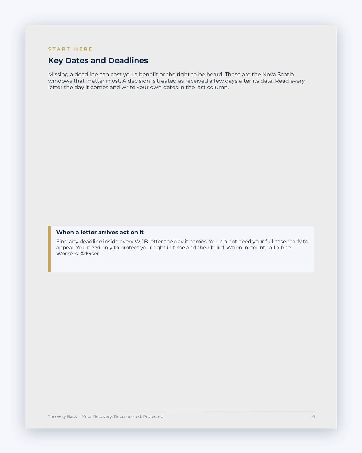 Inside the Nova Scotia Workplace Injury Companion Guide by Hurt Square: Key Dates and Deadlines, the dates and deadlines to keep track of.