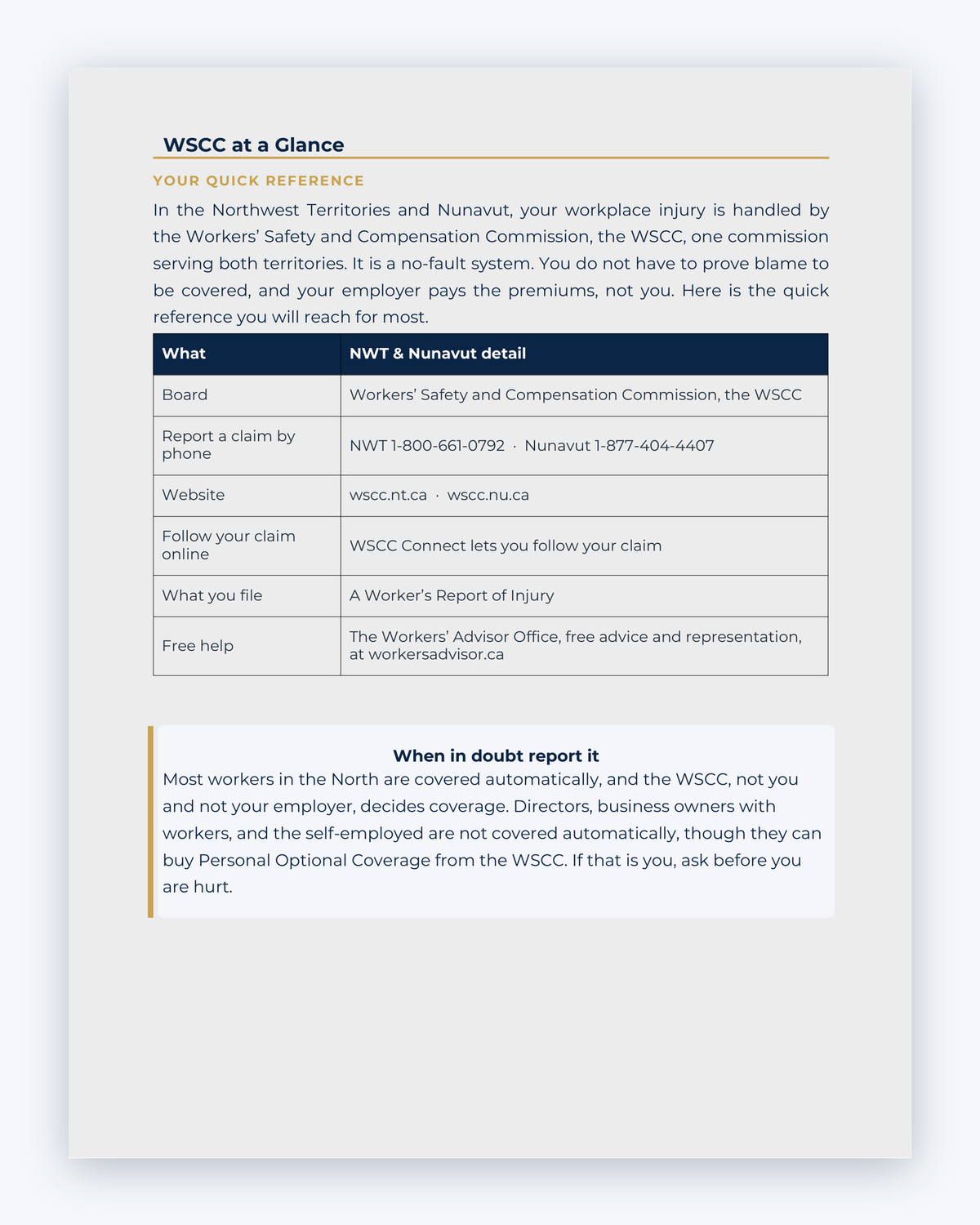 Inside the Nunavut Workplace Injury Companion Guide by Hurt Square: WSCC at a Glance, a one-page overview of how the system works.