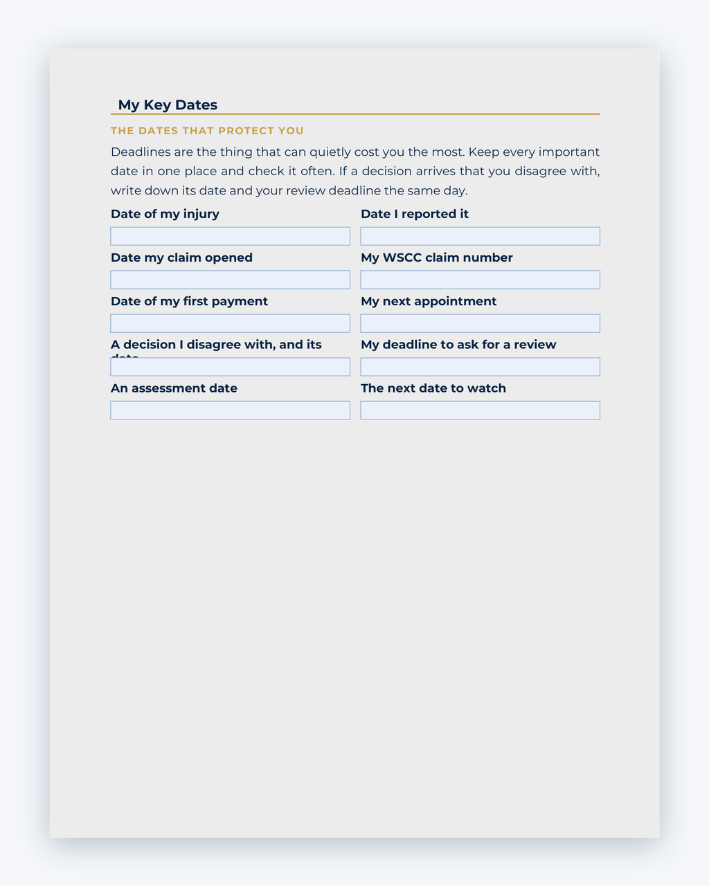 Inside the Nunavut Workplace Injury Companion Guide by Hurt Square: My Key Dates, the dates and deadlines to keep track of.
