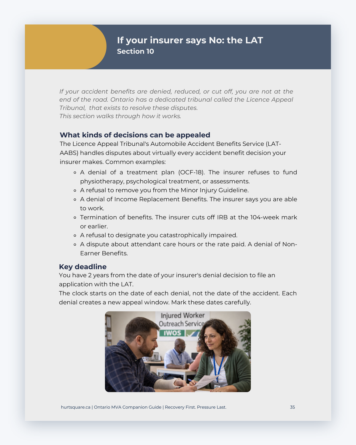 Inside the Ontario MVA Companion Guide by Hurt Square: If Your Insurer Says No, the LAT, how to ask for a review when you disagree with a decision.