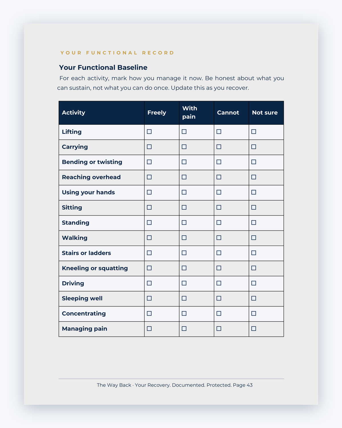 Inside the Ontario Workplace Injury Companion Guide by Hurt Square: Your Functional Baseline, a fillable page for keeping your own record.