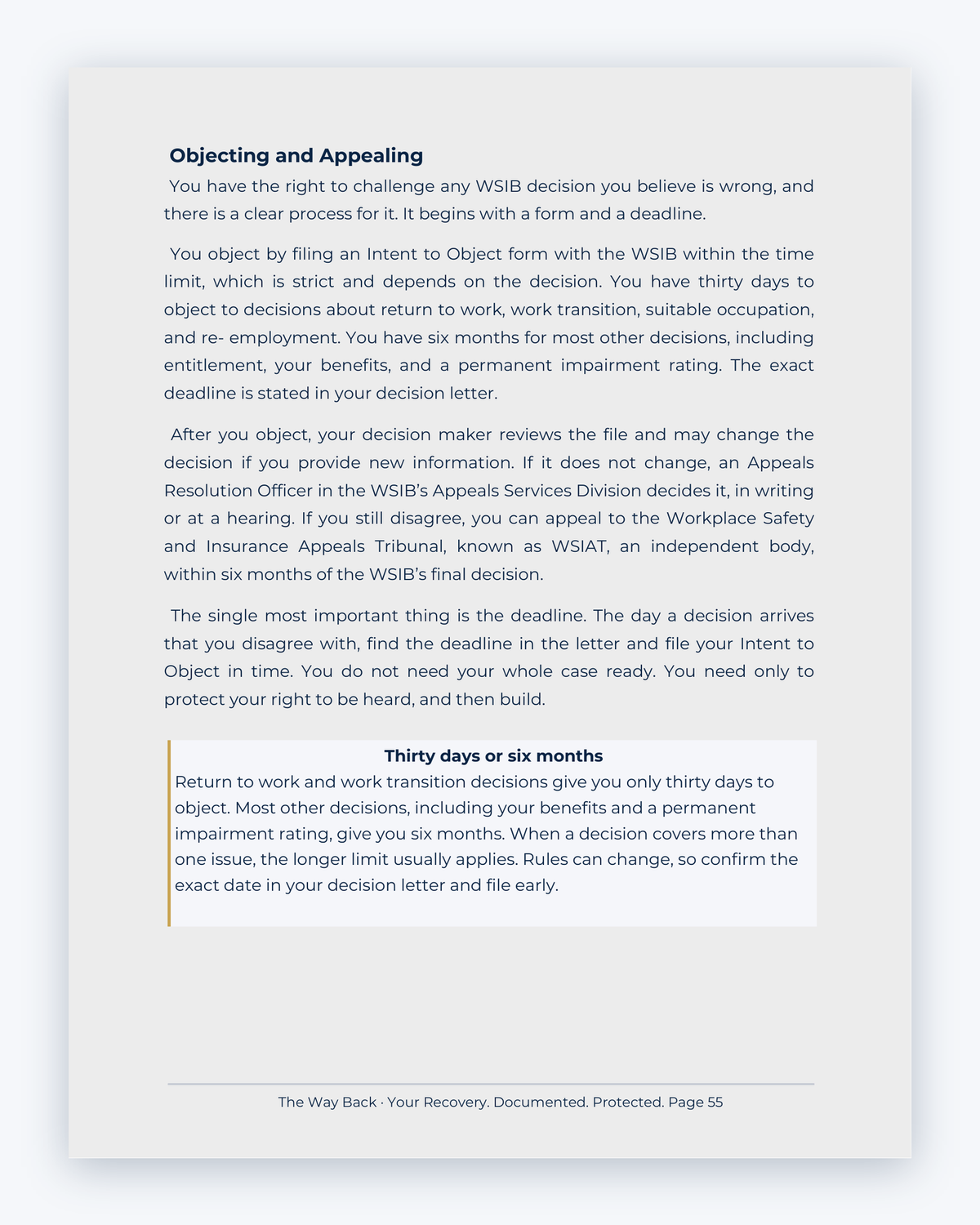 Inside the Ontario Workplace Injury Companion Guide by Hurt Square: Objecting and Appealing, how to ask for a review when you disagree with a decision.