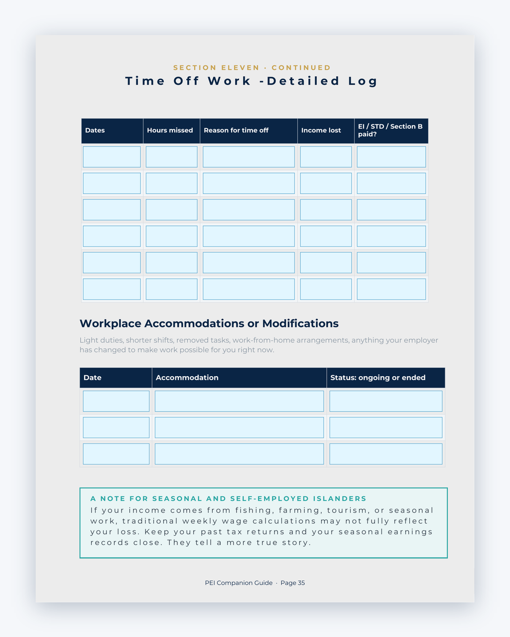 Inside the Prince Edward Island MVA Companion Guide by Hurt Square: Time Off Work Detailed Log, a fillable page for keeping your own record.
