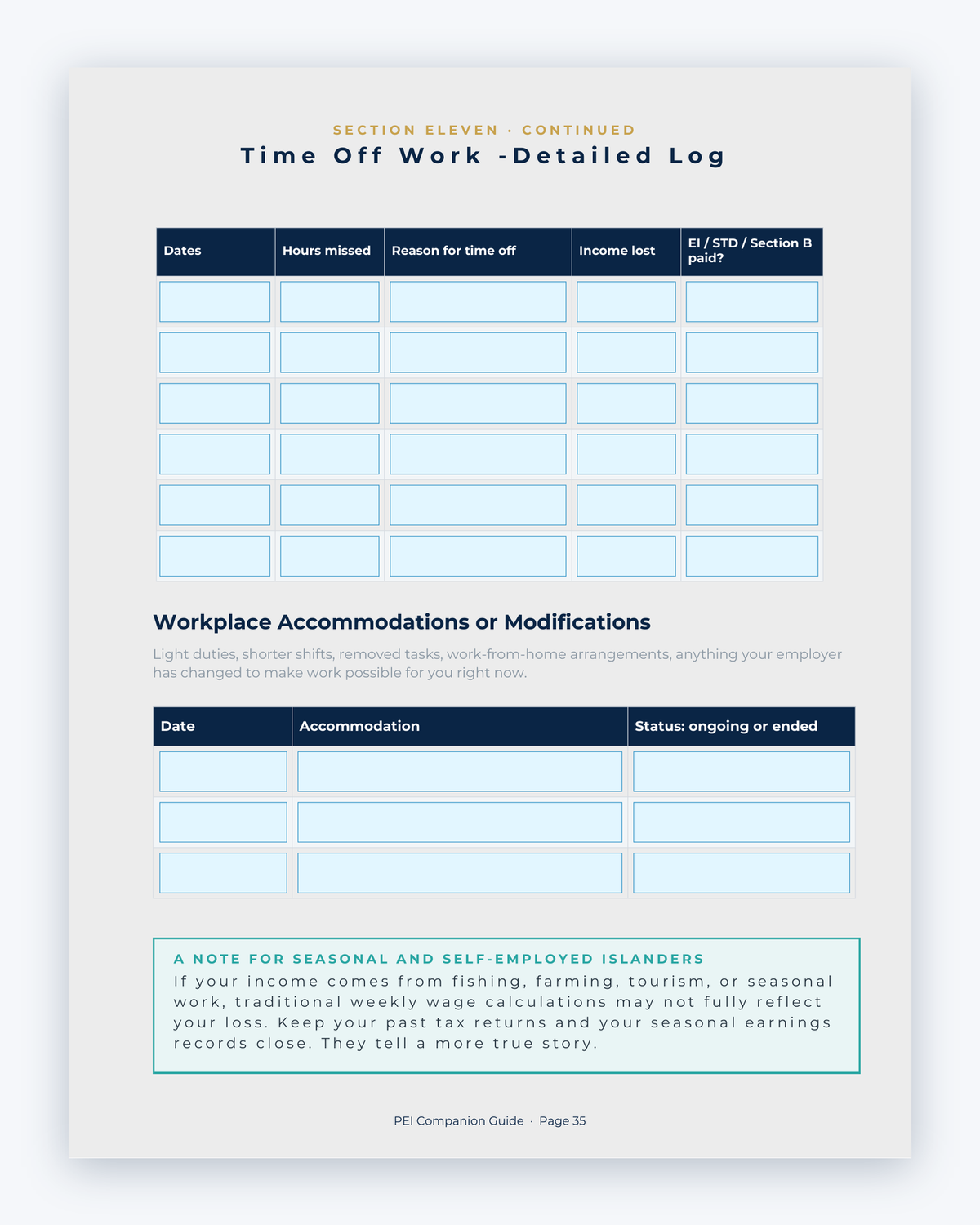 Inside the Prince Edward Island MVA Companion Guide by Hurt Square: Time Off Work Detailed Log, a fillable page for keeping your own record.