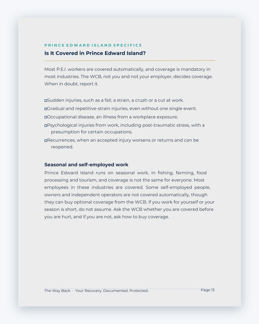 Inside the Prince Edward Island Workplace Injury Companion Guide by Hurt Square: Is It Covered in Prince Edward Island?, a one-page overview of what the WCB covers.