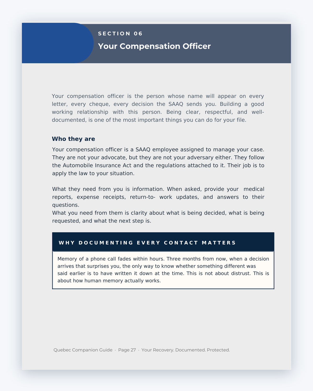 Inside the Quebec MVA Companion Guide by Hurt Square: Your Compensation Officer, how to work with the SAAQ officer handling your file.