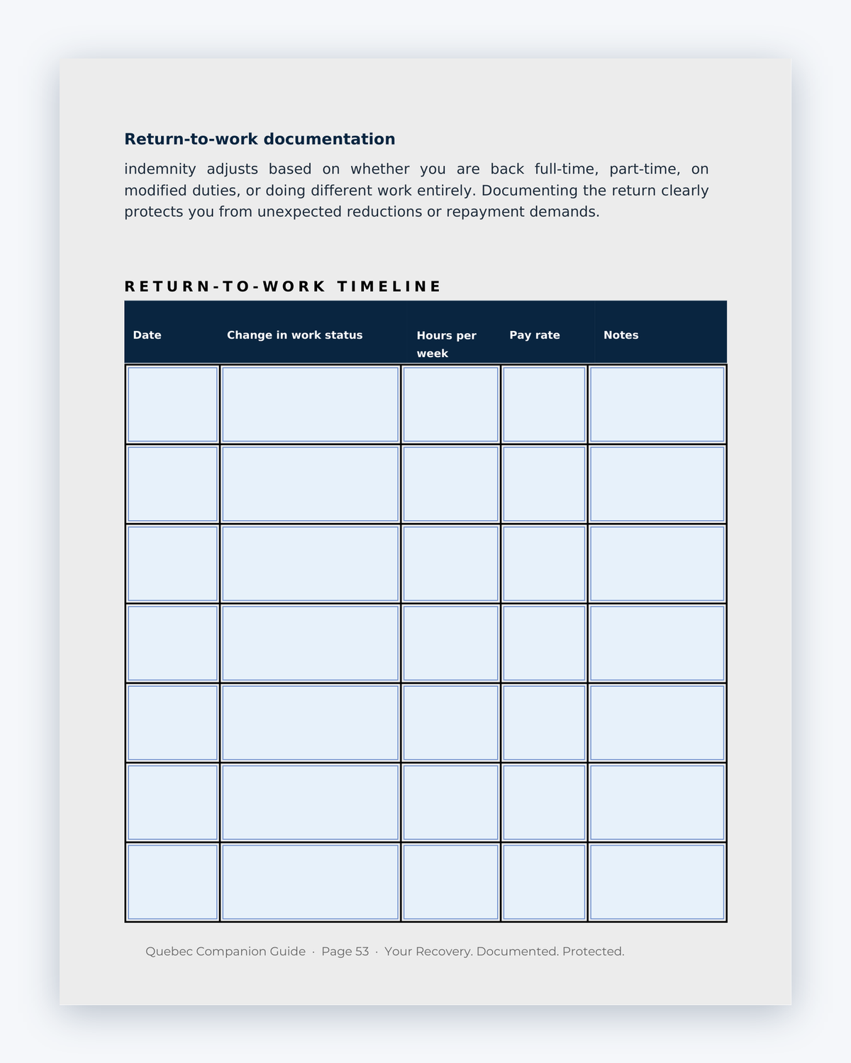 Inside the Quebec MVA Companion Guide by Hurt Square: Return-to-Work Documentation, a fillable page for keeping your own record.