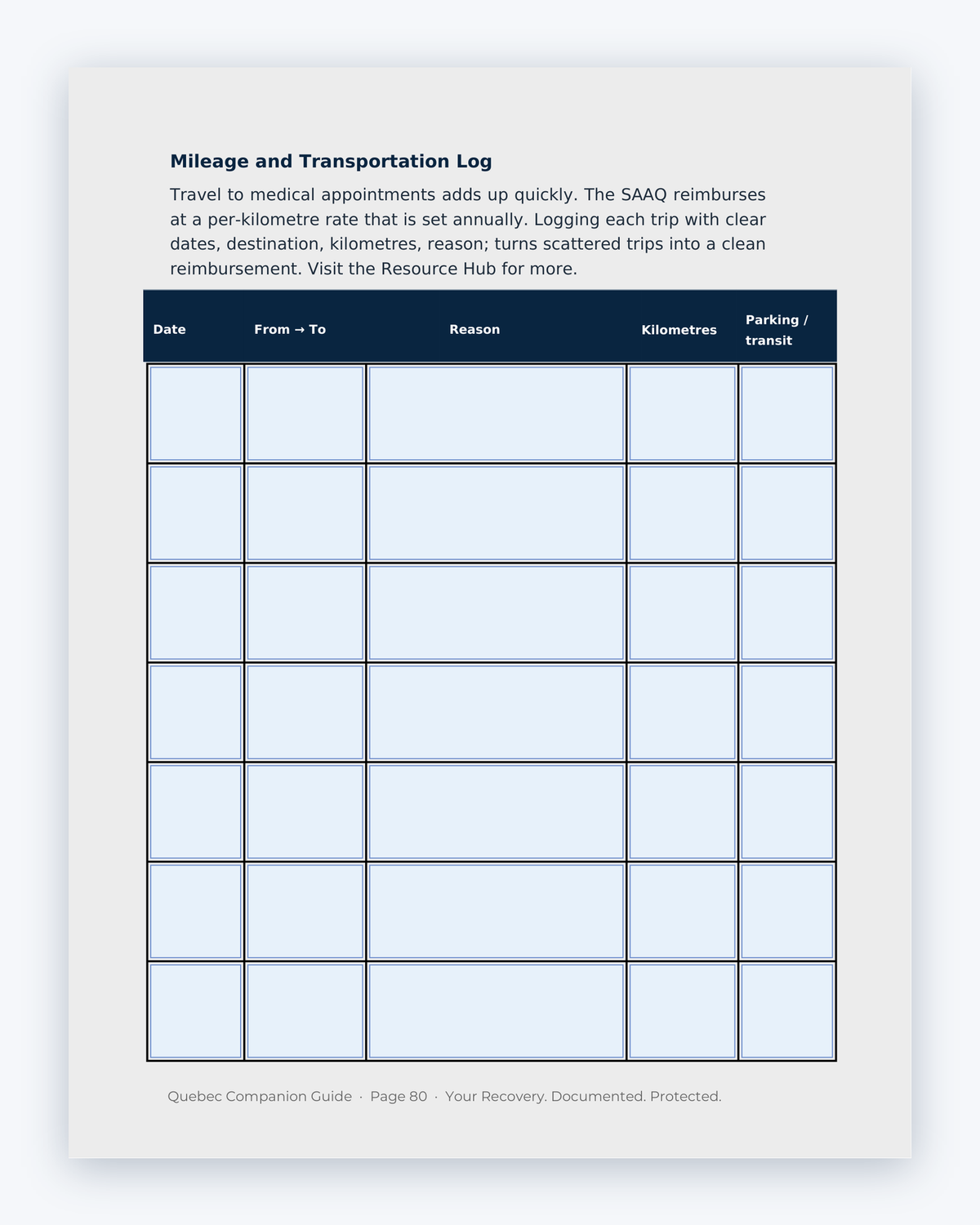 Inside the Quebec MVA Companion Guide by Hurt Square: Mileage and Transportation Log, a fillable page for keeping your own record.