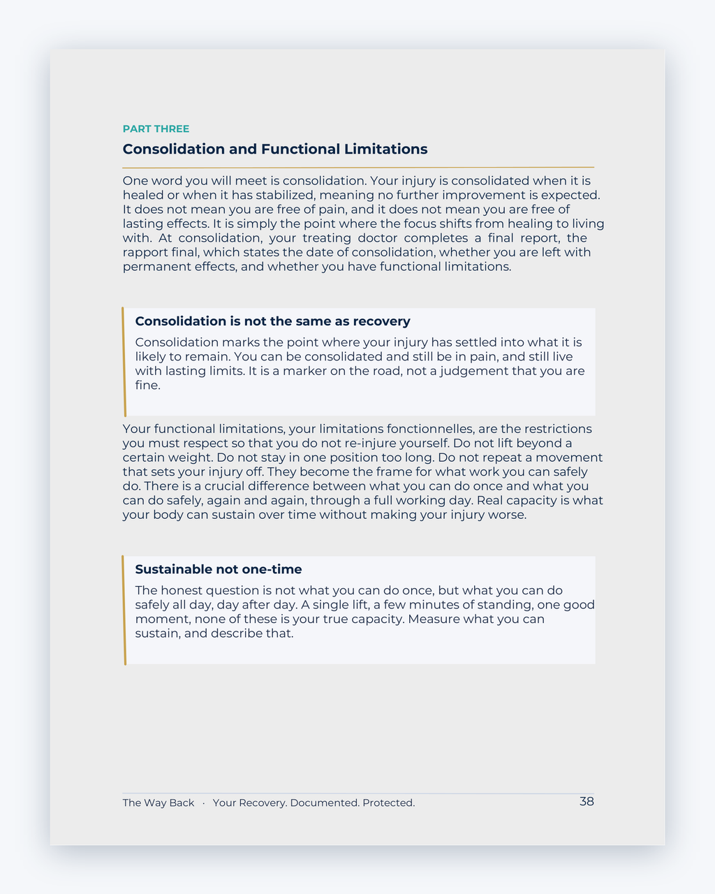 Inside the Quebec Workplace Injury Companion Guide by Hurt Square: Consolidation and Functional Limitations, the dates and deadlines to keep track of.