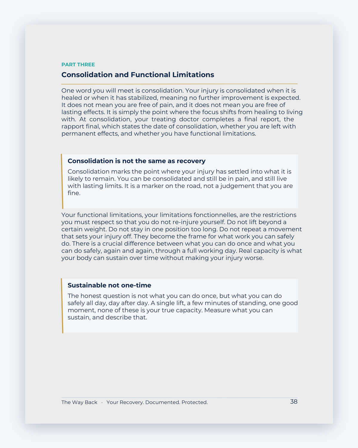 Inside the Quebec Workplace Injury Companion Guide by Hurt Square: Consolidation and Functional Limitations, the dates and deadlines to keep track of.