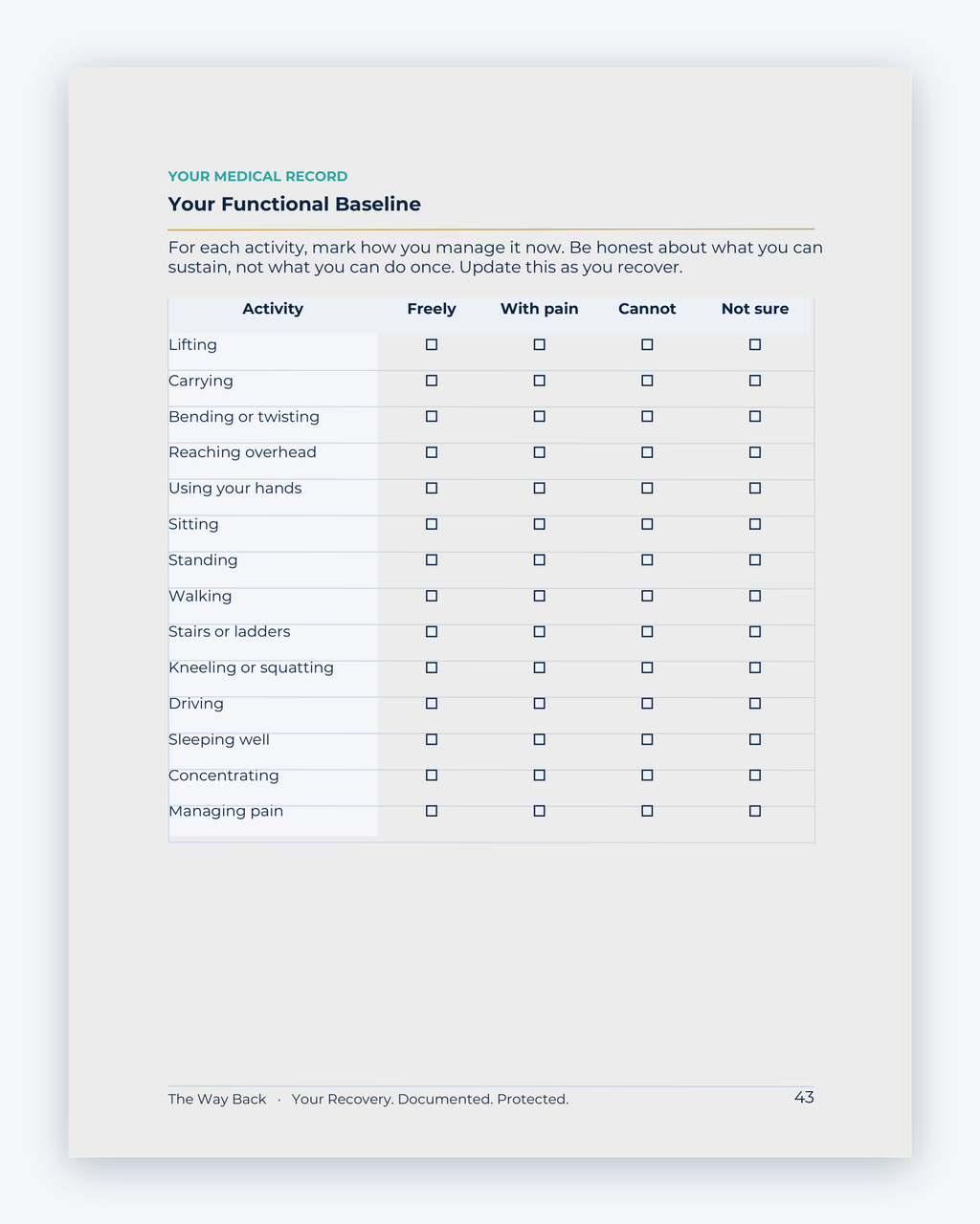 Inside the Quebec Workplace Injury Companion Guide by Hurt Square: Your Functional Baseline, a fillable page for keeping your own record.