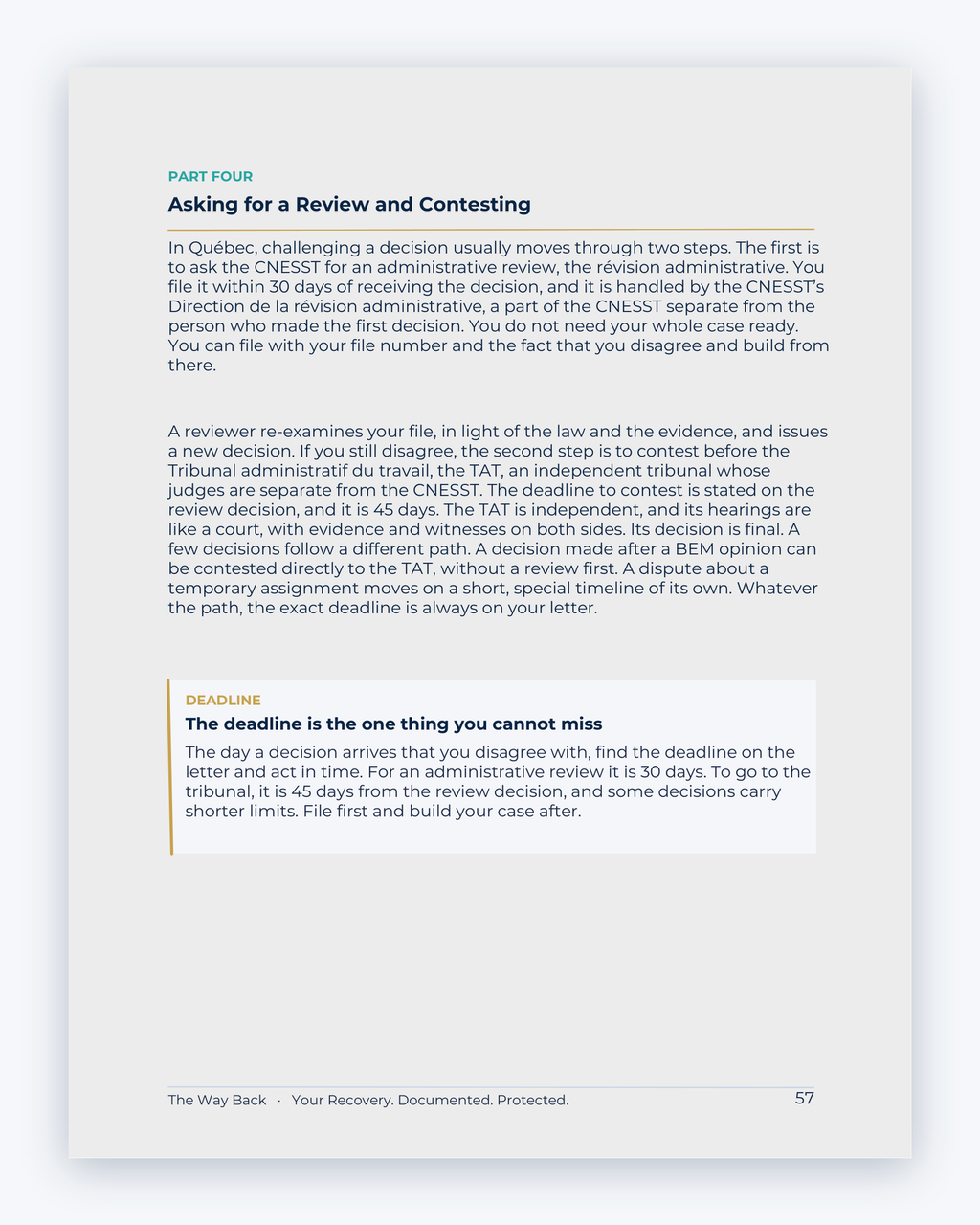 Inside the Quebec Workplace Injury Companion Guide by Hurt Square: Asking for a Review and Contesting, how to ask for a review when you disagree with a decision.