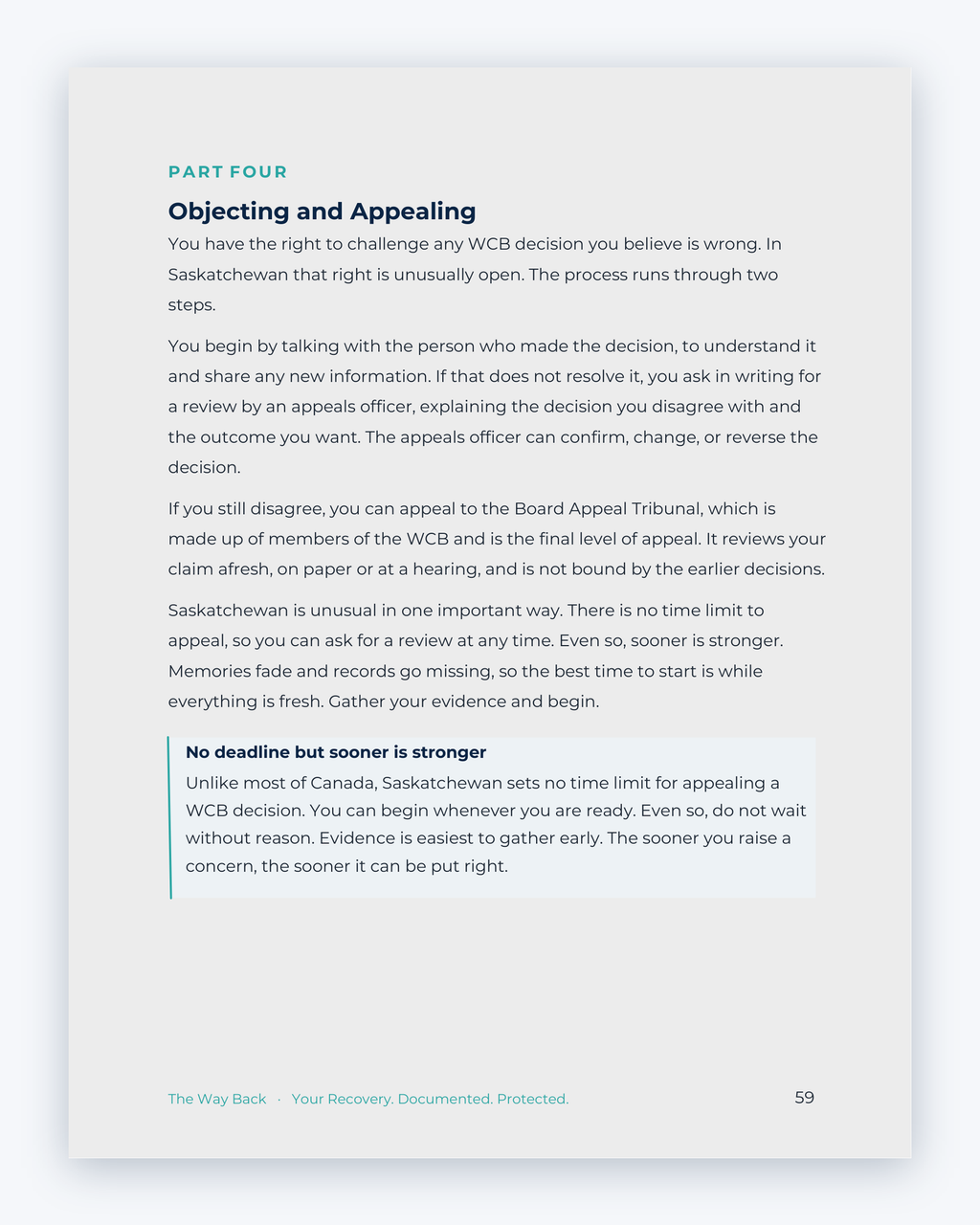 Inside the Saskatchewan Workplace Injury Companion Guide by Hurt Square: Objecting and Appealing, how to ask for a review when you disagree with a decision.