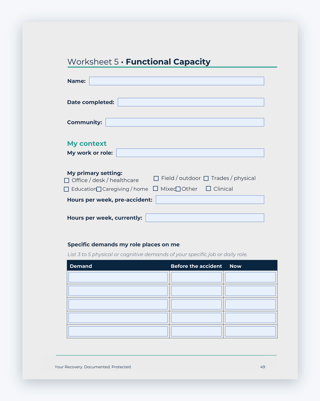 Inside the Territories MVA Companion Guide by Hurt Square: Functional Capacity Worksheet, a fillable page for keeping your own record.