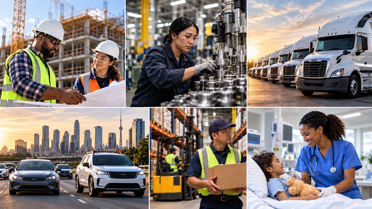 Canadians at work and on the road: a construction crew reviewing plans, a factory machinist, a row of transport trucks, cars on the highway below the Toronto skyline, a warehouse worker and a nurse caring for a young patient.