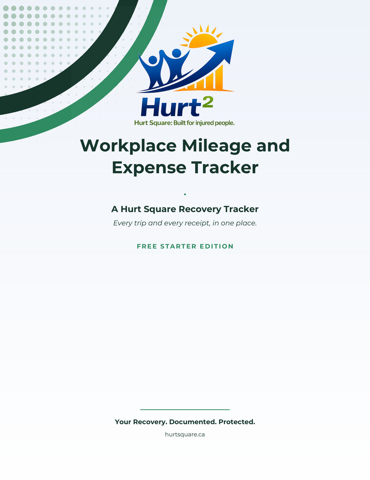 Cover of the free Workplace Mileage and Expense Tracker by Hurt Square, travel, equipment and retraining costs for a claim.