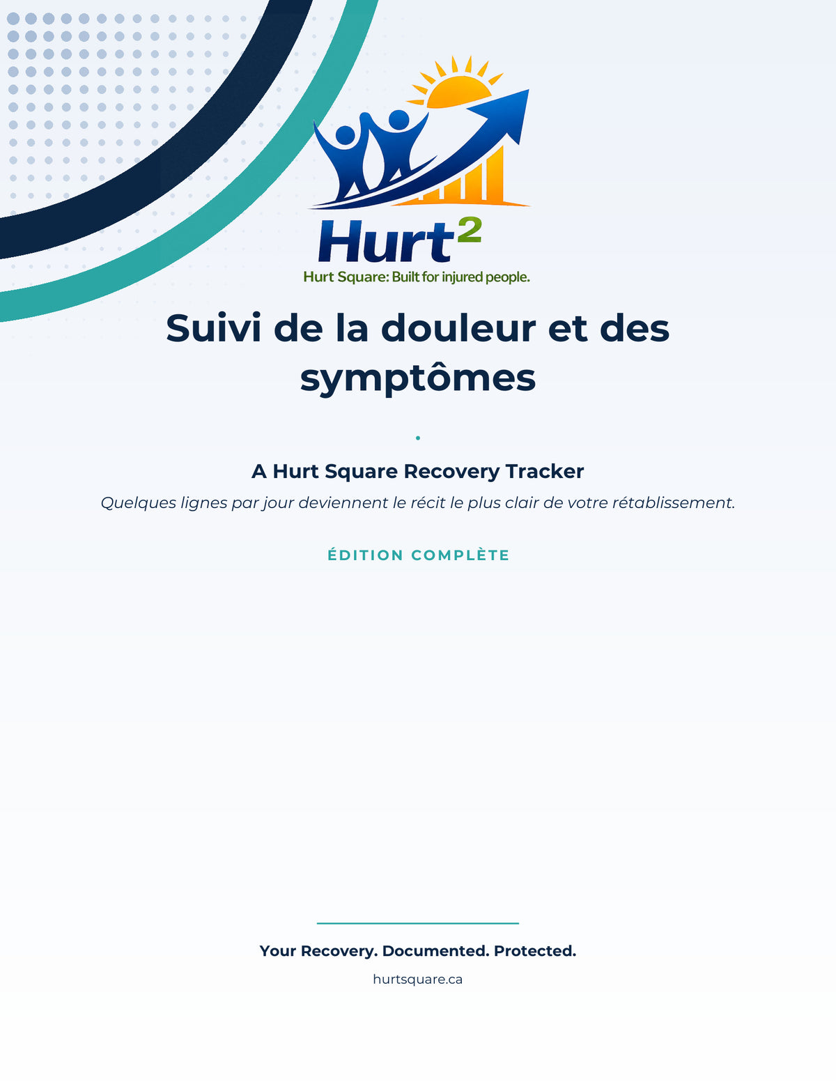 Couverture du Carnet de suivi de la douleur et des symptômes de Hurt Square, un carnet remplissable pour votre rétablissement.